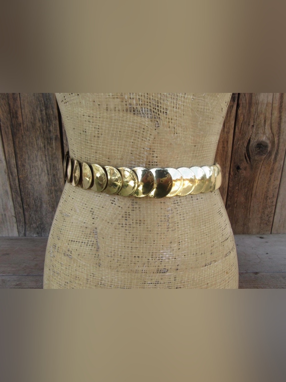 Vintage Gold Tone Disc Stretch Belt, Retro Disco Metal Medallion Waist Belt